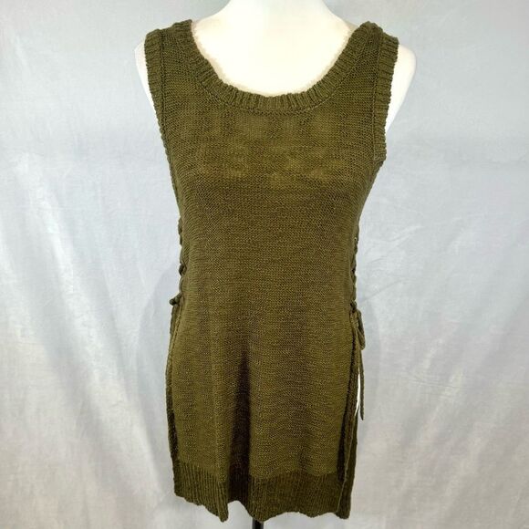 Army green knit tunic sweater with tie sides and side slits size small - Picture 1 of 4